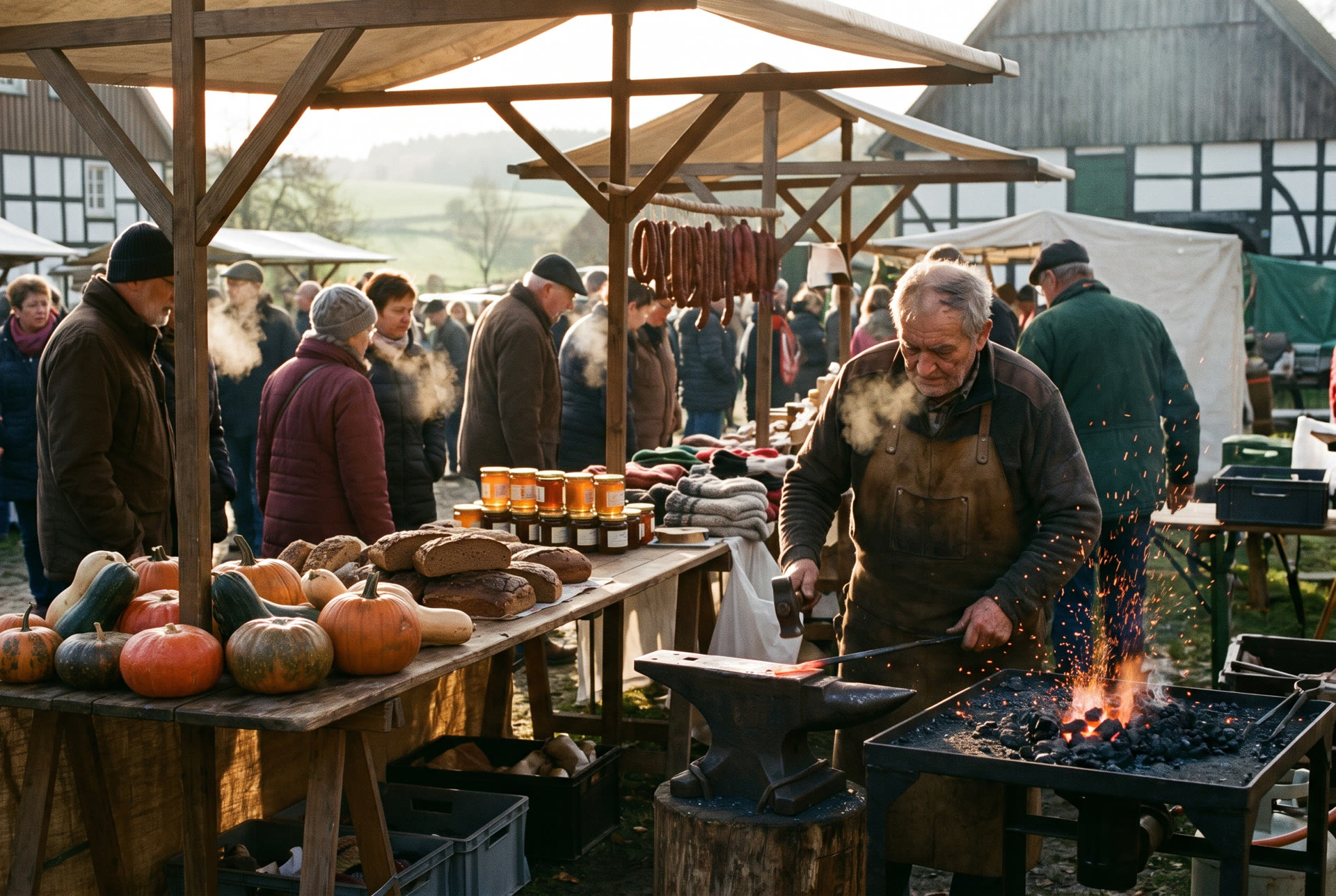 Bauernmarkt am Morgen mit Schmied an der Esse