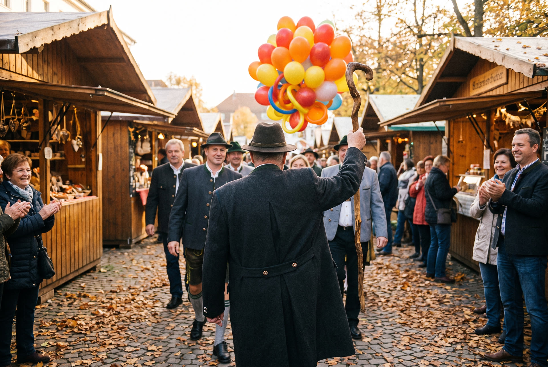 Mann hebt einen Spazierstock mit bunten Luftballons über den Markt