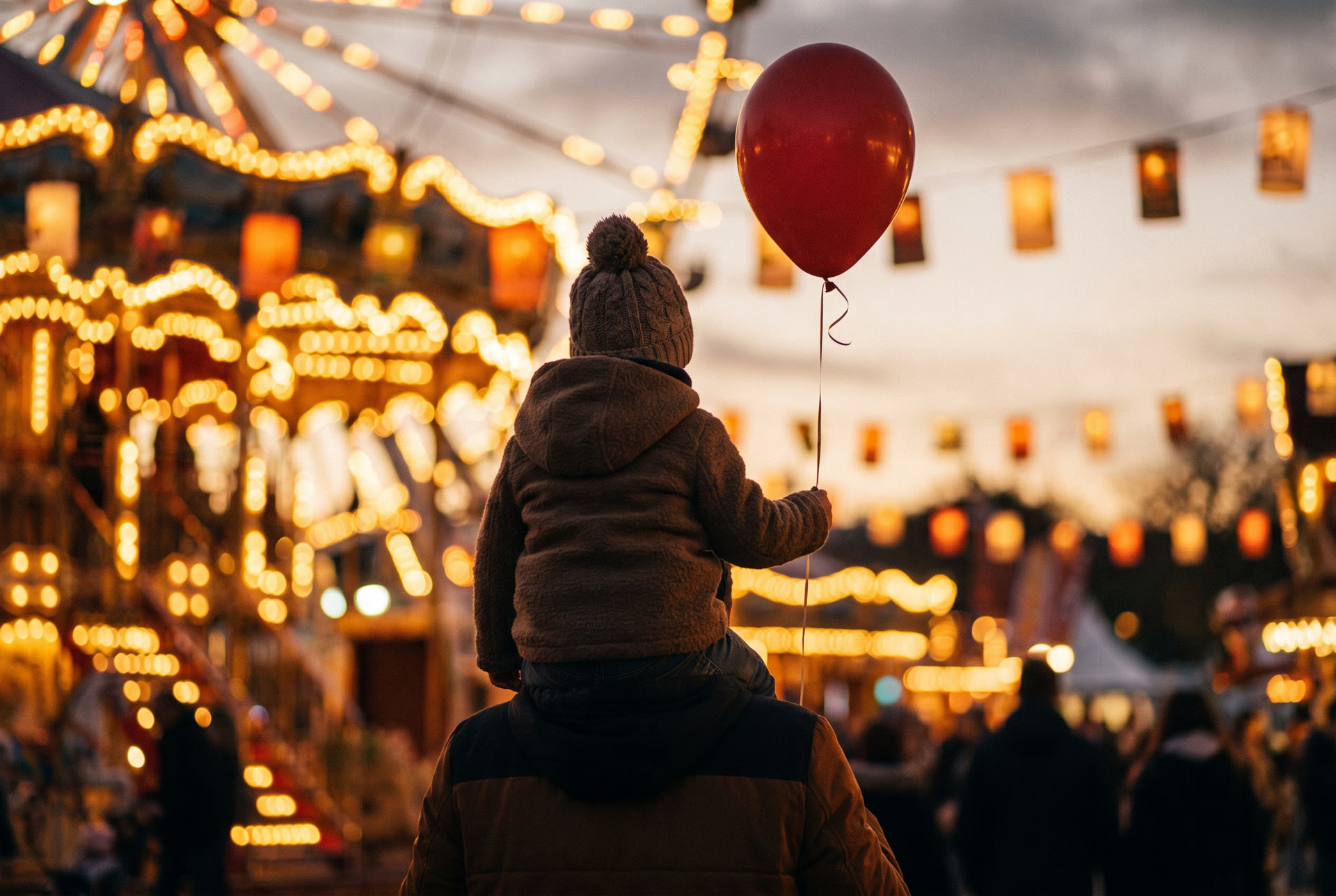 Kind auf den Schultern des Vaters mit rotem Luftballon