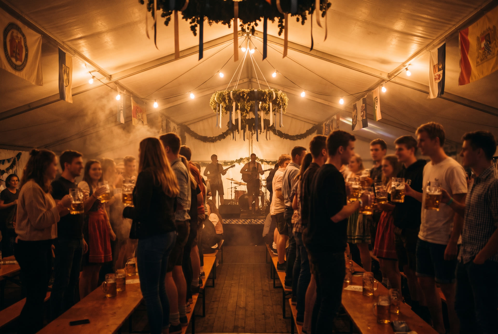 Volles Festzelt bei Nacht mit Lichterketten und Band