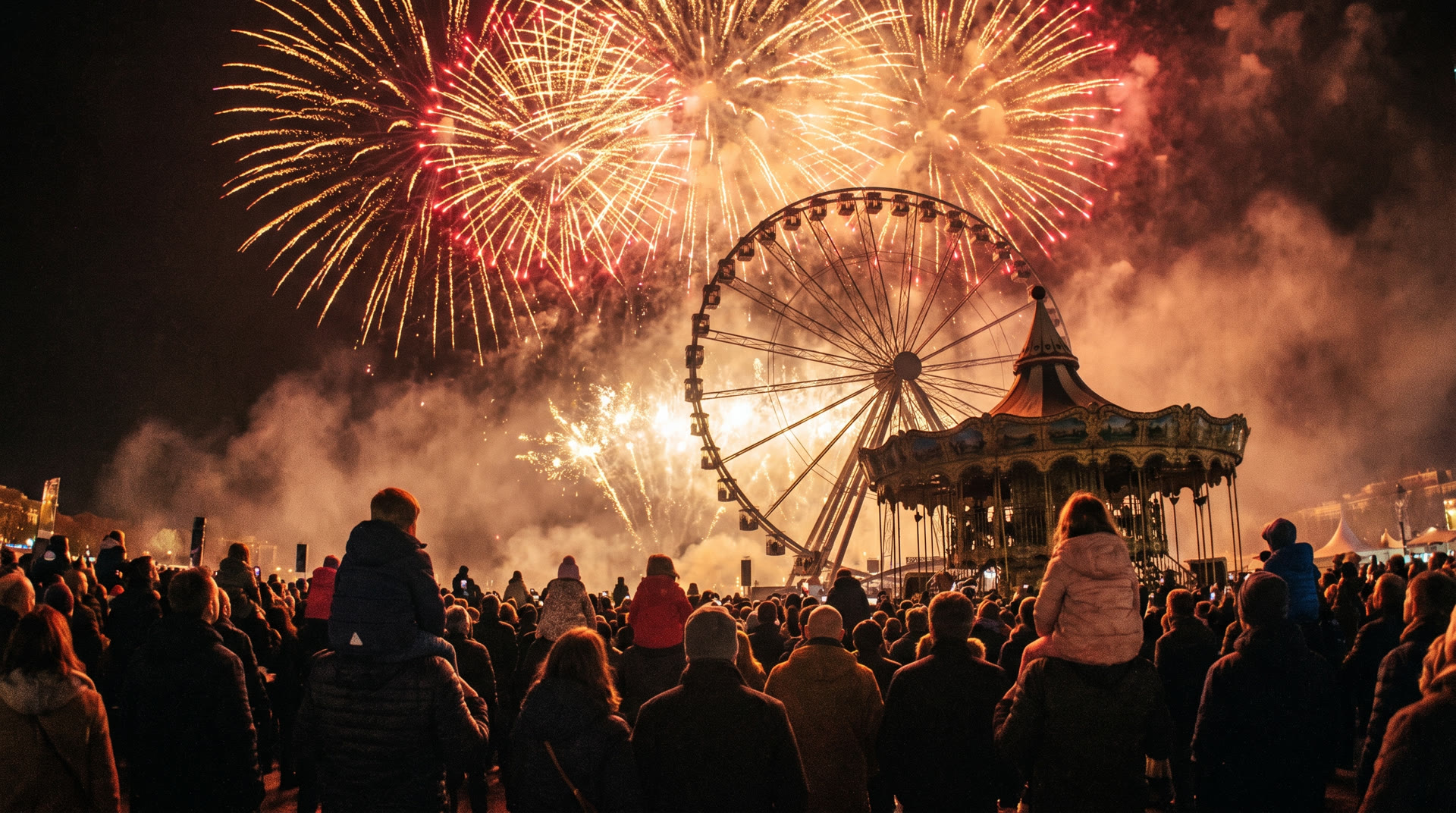Feuerwerk über den Silhouetten der Kirmes