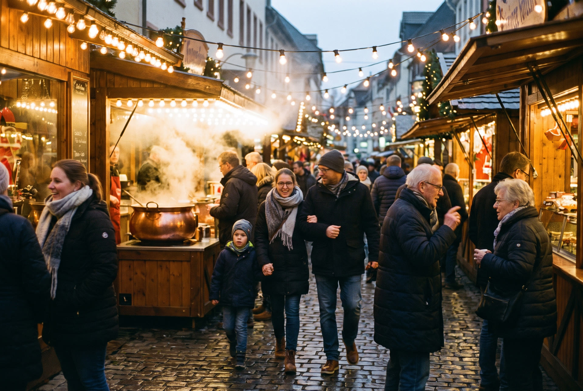 Volle Gasse zwischen Kirmesbuden am Abend mit warmen Lichterketten