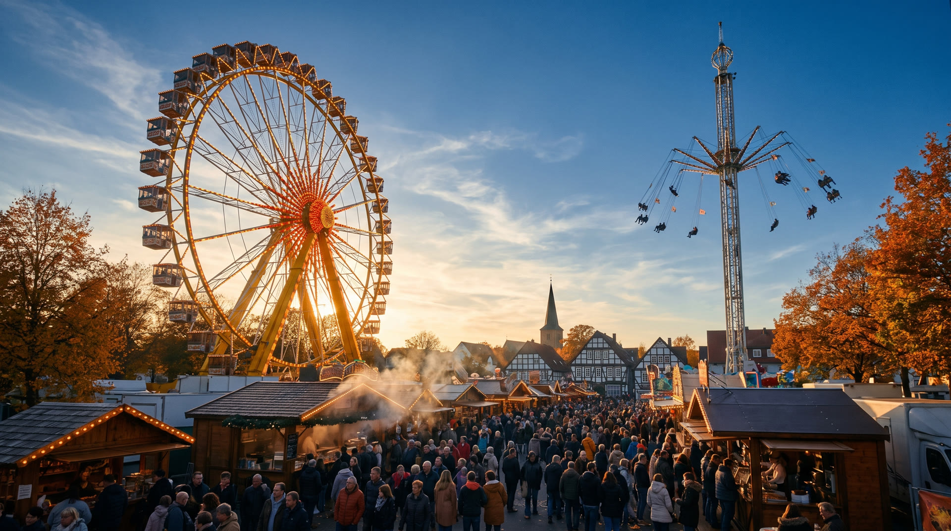 Riesenrad und Kettenhochflieger über dem Platz in der Abendsonne