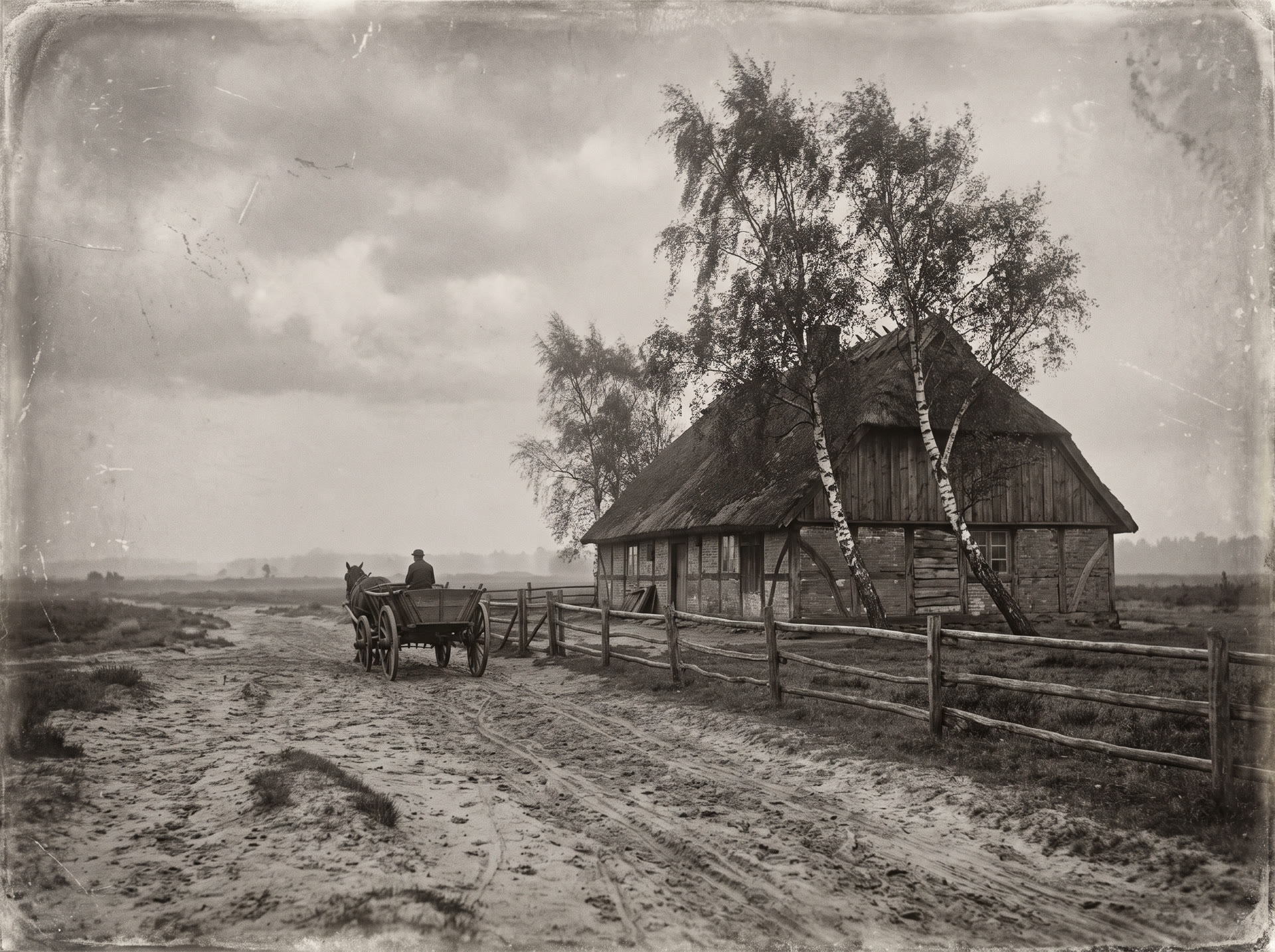 Historisch anmutende Schwarzweiß-Aufnahme: Hof mit Reetdach an einem Sandweg in der Heide