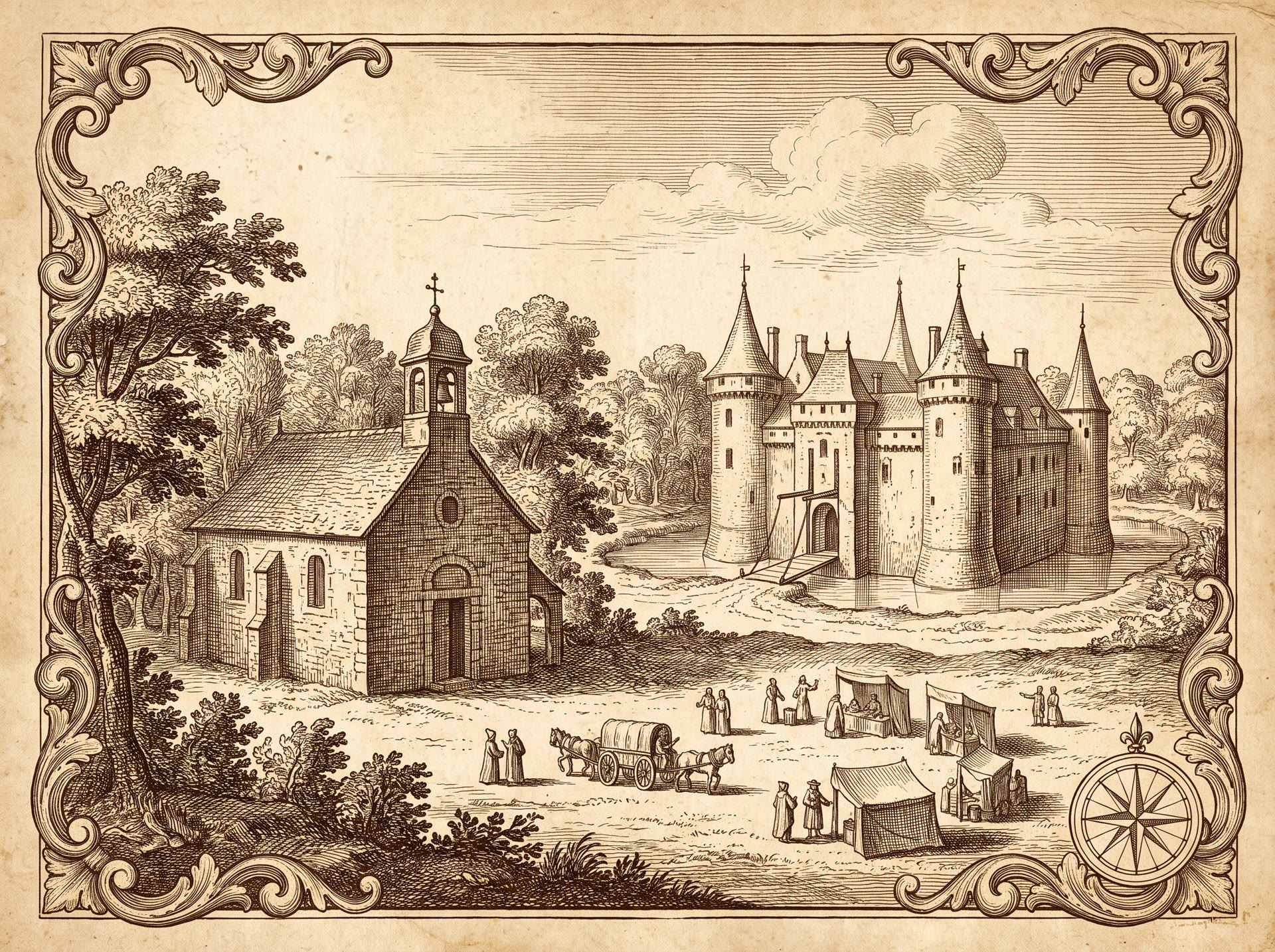 Kupferstich: Kapelle und Wasserschloss, davor Markttreiben