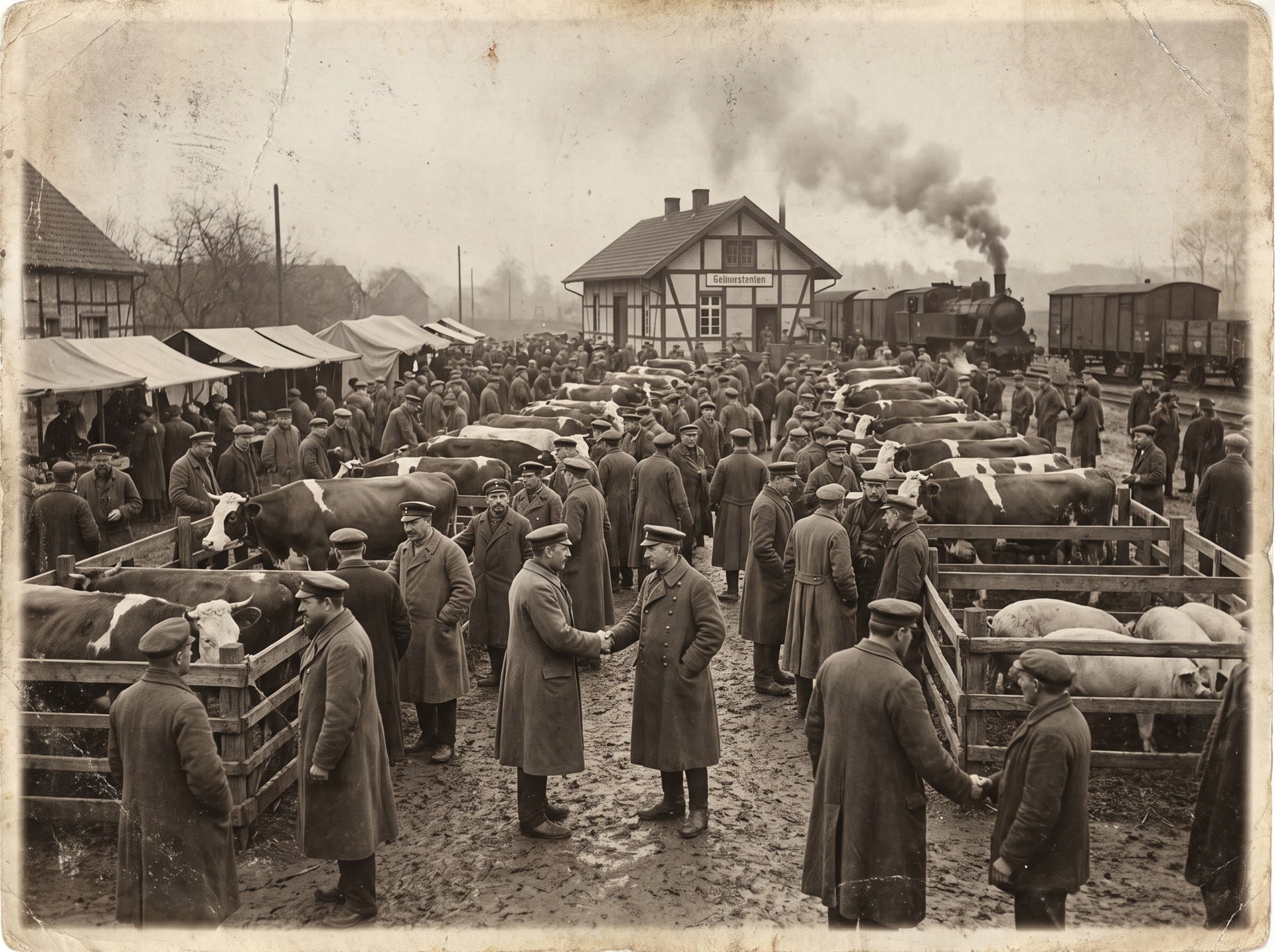 Sepia-Aufnahme um 1910: Viehmarkt mit Bauern und Bahnhof im Hintergrund