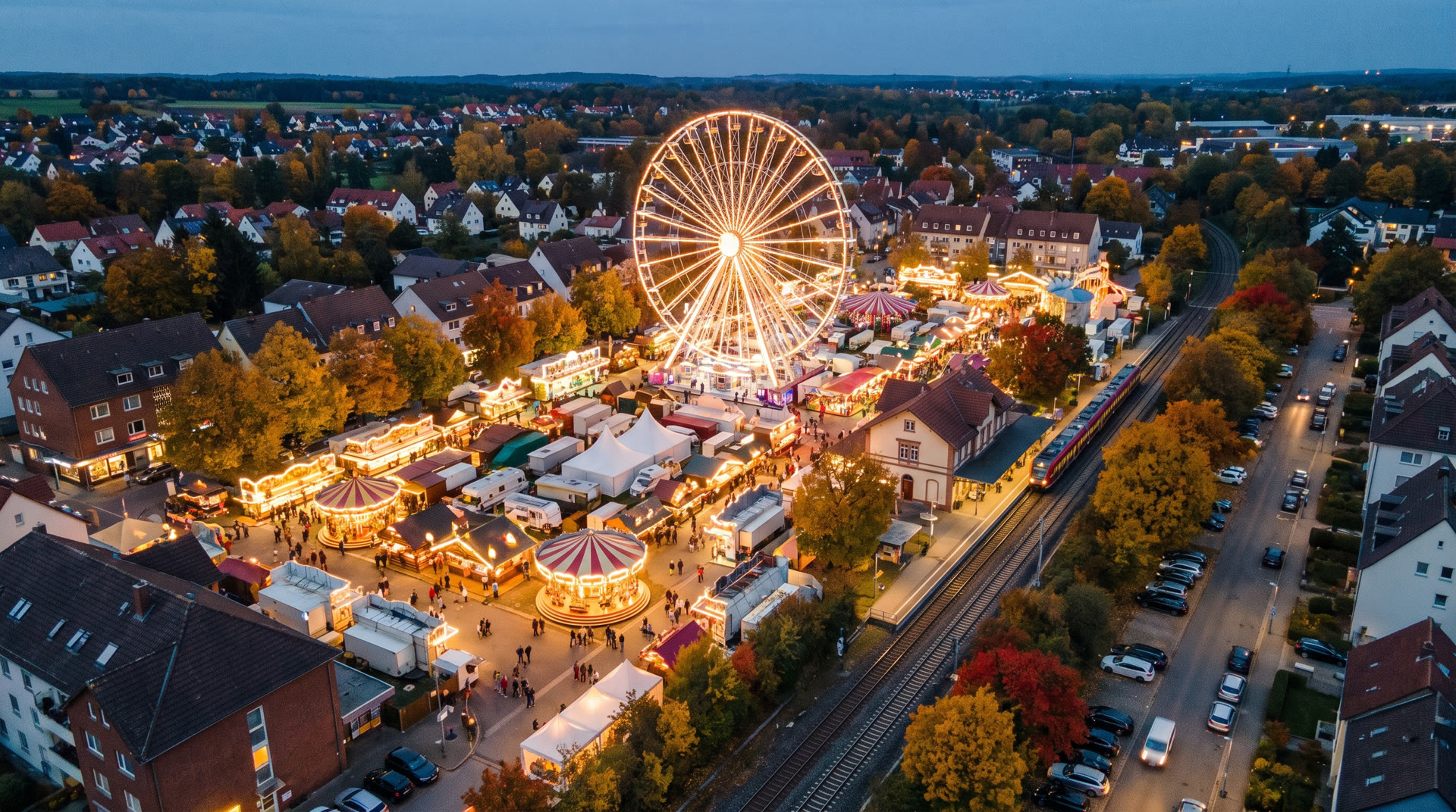 Luftaufnahme in der Dämmerung: der leuchtende Festplatz direkt neben Bahnhof und Gleisen