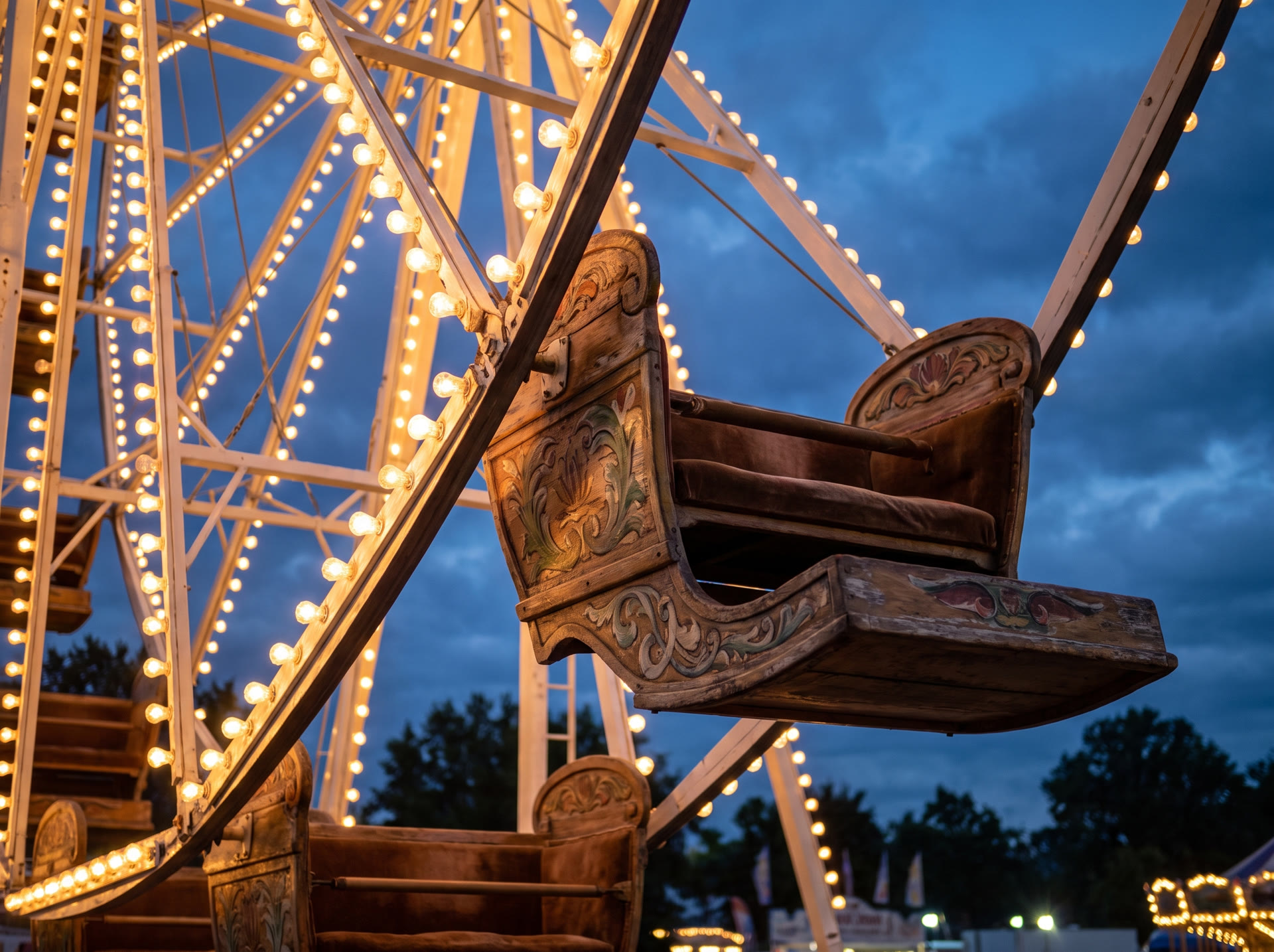 Ornamentierte Gondeln des nostalgischen Riesenrads mit warmen Glühbirnen